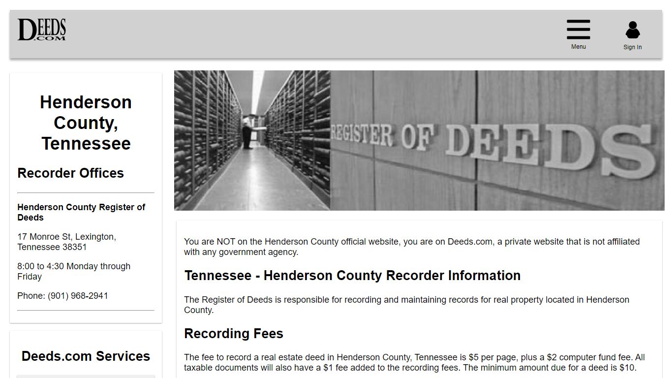 Henderson County Recorder Information Tennessee - Deeds.com